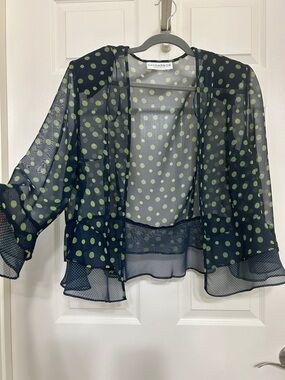 Sag Harbor Navy Sheer Polka Dot Open Cardigan with Lime Dots or Pickleballs M-L